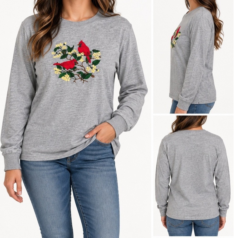 Jerzees Womens Embroidered Cardinal Shirt Cotton Casual Vintage Gray Large
